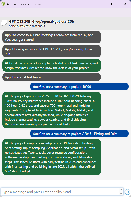 Standard Time AI Chat log showing a project analysis conversation