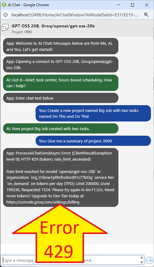 The Standard Time® AI Chat window showing a Groq AI HTTP 429 rate limit exceeded error message