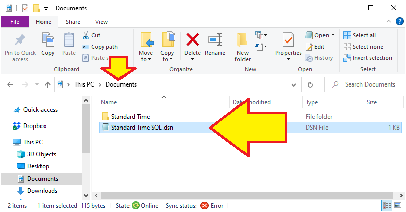 Documents folder showing Standard Time SQL.dsn file