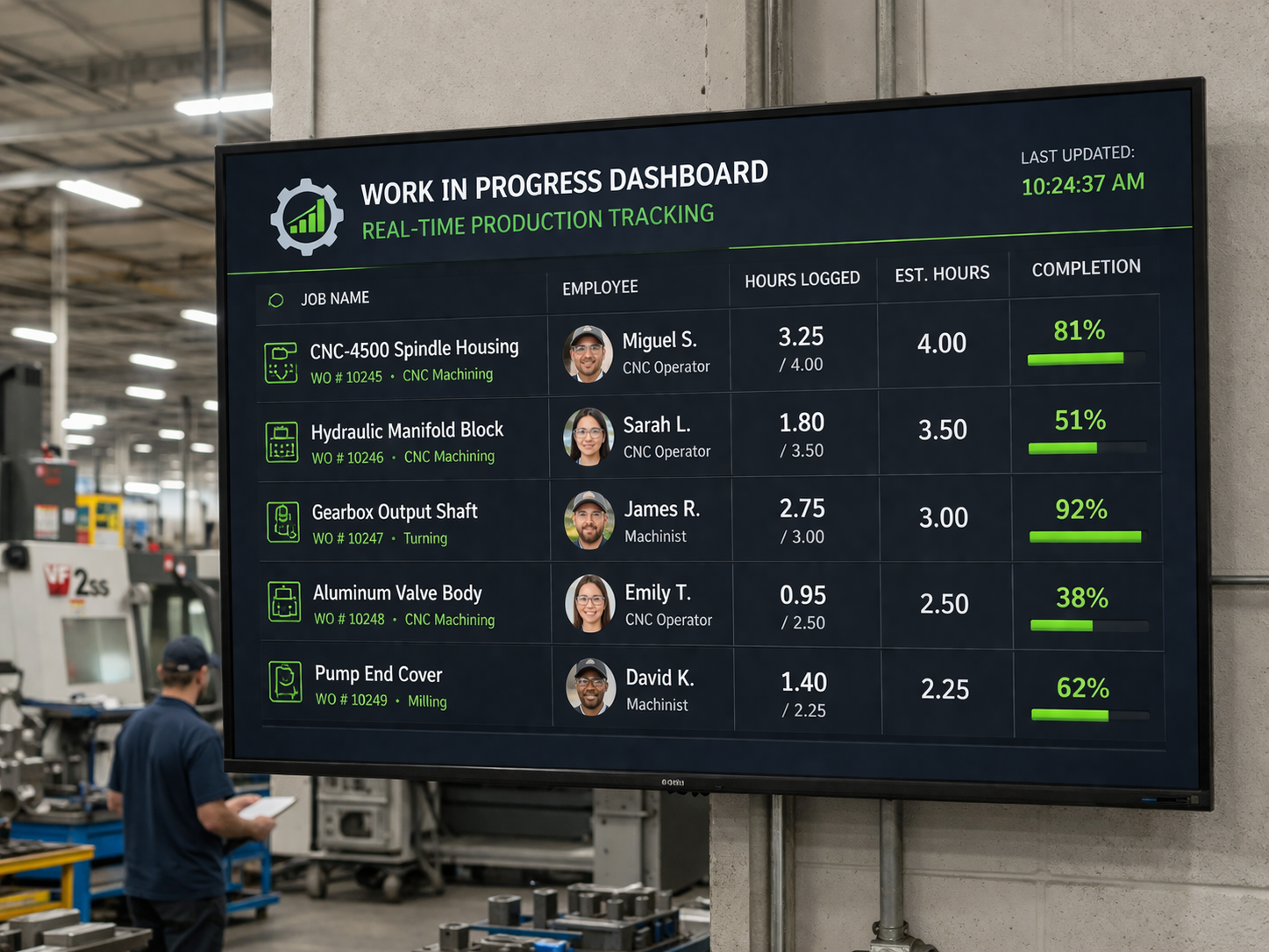 Large TV screen on manufacturing shop floor displaying real-time work in progress dashboard with job names, employee assignments, hours logged, and completion percentages