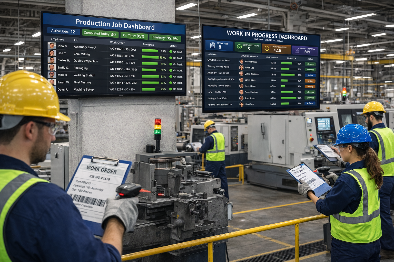 Manufacturing shop floor with workers scanning barcodes on work orders, multiple monitors showing real-time job status dashboards