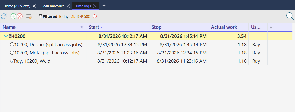 Time Logs page showing the original 3.54-hour timer for 10200, Weld split evenly into three 1.18-hour rows for Weld, Metal, and Deburr, each marked (split across jobs) and with back-to-back start and stop times