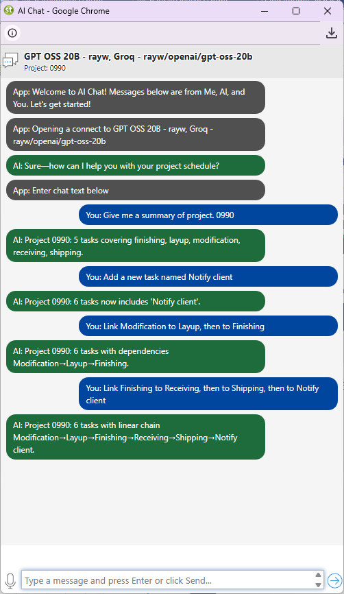 Standard Time AI chat window showing a streaming response about project scheduling