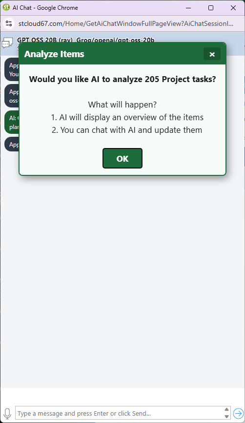 Standard Time AI chat popup for multi-project task analysis from the Resource Allocation window