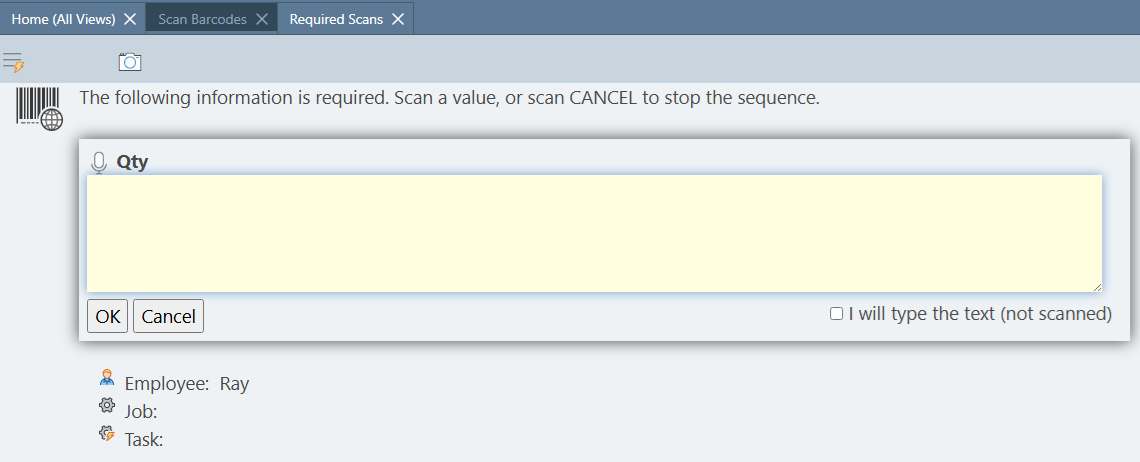 Barcode Required Scan popup dialog on the Scan Barcodes page, prompting the employee to scan or type a required value before the sequence can continue