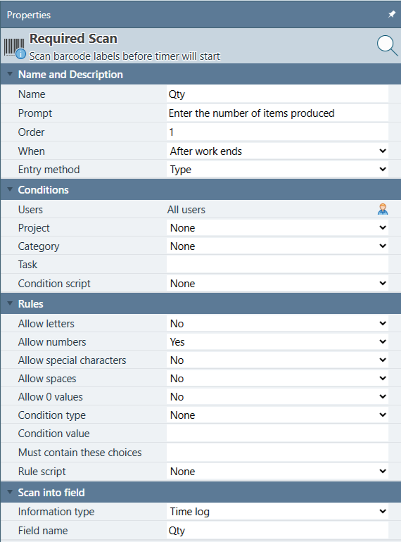 Barcode Required Scan Properties grid showing the Name and Description, Conditions, Rules, and Scan into field property categories