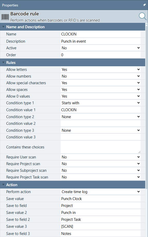 Barcode rule Properties panel for a rule named CLOCKIN — Starts with CLOCKIN, Perform action Create time log, Save value Punch Clock to Project, Save value 2 Punch in to Project Task, Save value 3 SCAN to Notes