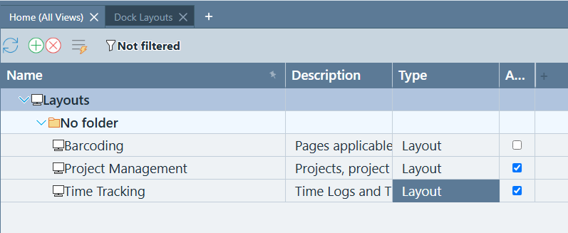 Dock Layouts management grid showing both active and inactive saved layout records