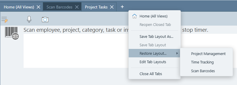 Dock Layout menu opened by right-clicking the empty space at the right side of the tab strip, showing Save Tab Layout As, Save Tab Layout, Restore Layout, and Edit Tab Layouts