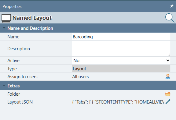 Dock Layout Properties panel showing Name, Description, Active, Type, Assign to users, and Folder fields