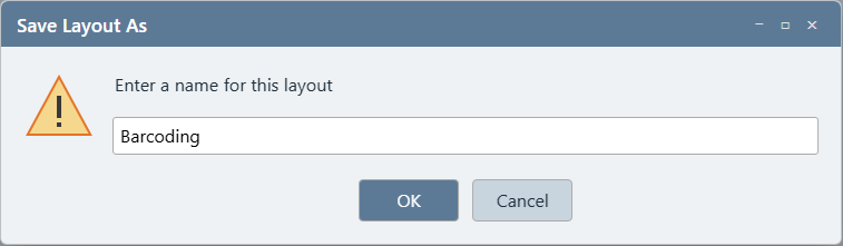 Save Layout As dialog prompting for a name for the current dock layout