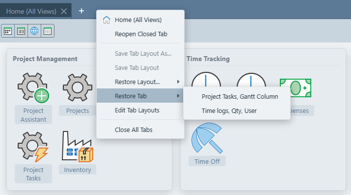 Tab strip right-click menu with Restore Tab hovered, showing a cascading submenu listing two saved tabs: Project Tasks, Gantt Column and Time logs, Qty, User