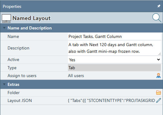 Properties panel for a saved Tab record named Project Tasks, Gantt Column, showing Name, Description, Active, Type set to Tab, Assign to users set to All users by default, and Folder fields