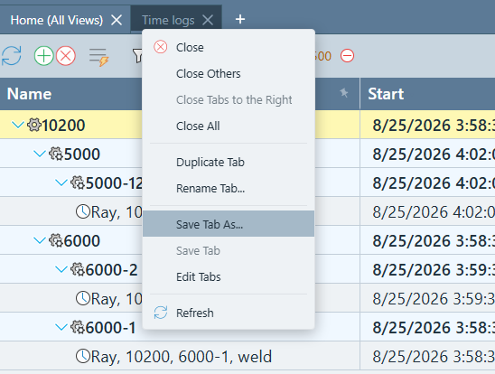 Right-click menu on an individual open tab showing Close, Close Others, Close Tabs to the Right, Close All, Duplicate Tab, Rename Tab, Save Tab As, Save Tab, Edit Tabs, and Refresh