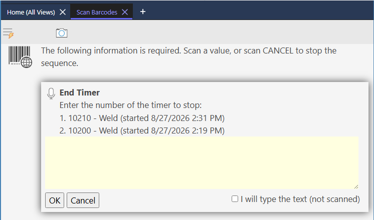 ENDTIMERPROMPT input dialog listing an employee's running timers as a numbered list and asking for the number of the timer to stop