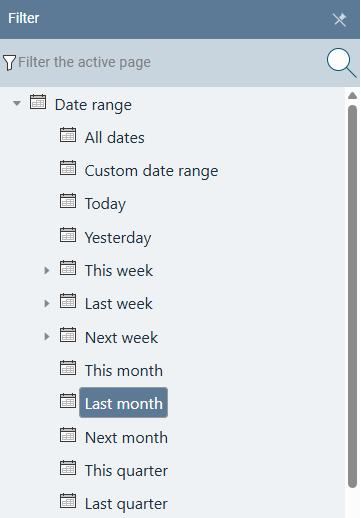 Filter panel with the Date Range section expanded and Last Month selected as the active filter