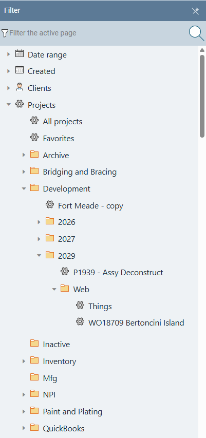 Filter panel on the left side showing nested project folders including an Inactive folder