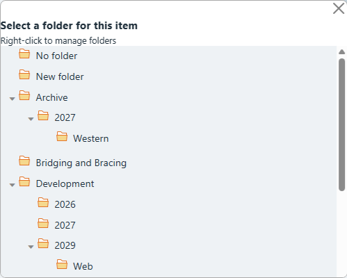 Properties panel showing the Folder field with the folder creation and chooser popup open