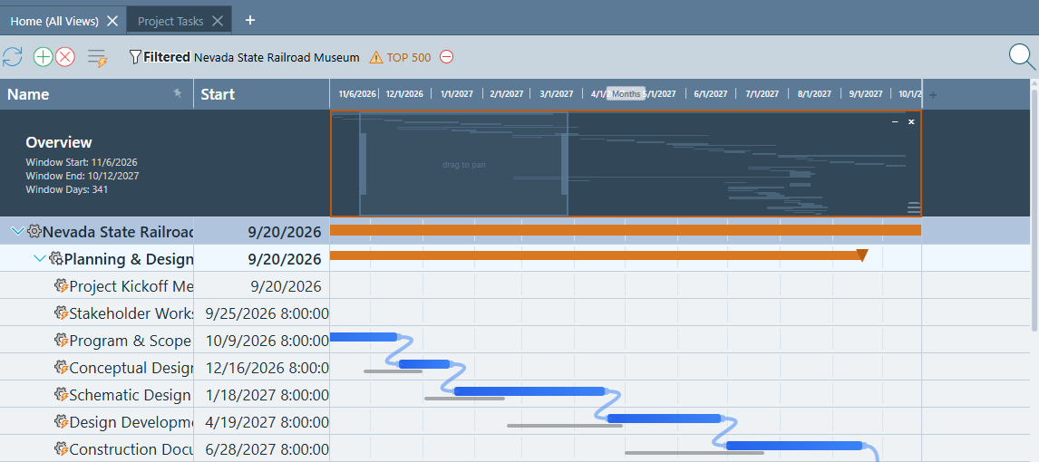 Gantt Mini-Map frozen row pinned above a Project Tasks grid, showing a compressed overview of every task bar and a draggable viewport rectangle marking the currently visible date window, with Window Start, Window End, and Window Days summarized on the left