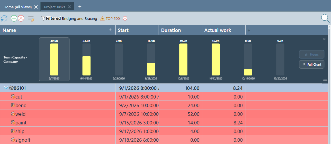 Team Capacity frozen row pinned above a Project Tasks grid, showing a strip of weekly allocation bars in yellow and gray, labeled Team Capacity - Company