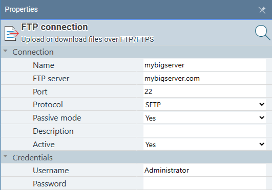 FTP connection Properties panel showing all fields for a completed SFTP connection