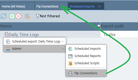 Right-click context menu on a Scheduled Export row showing the Admin submenu with FTP connections