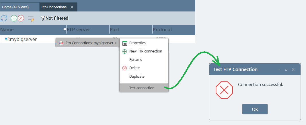 Test connection result dialog showing a successful SFTP connection