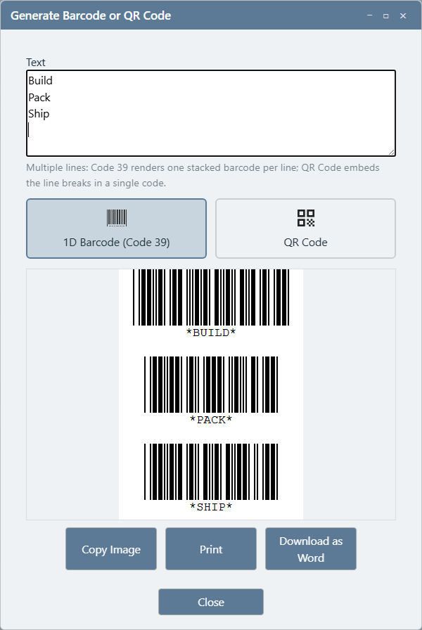 Generate Barcode or QR Code window with Build, Pack, and Ship typed in the Text box, 1D Barcode (Code 39) selected, and three stacked barcodes labeled BUILD, PACK, and SHIP in the preview; Copy Image, Print, and Download as Word buttons below