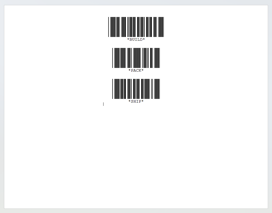Microsoft Word page showing three barcodes labeled BUILD, PACK, and SHIP stacked in the center of the page