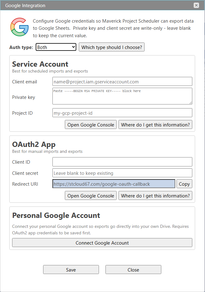 Standard Time Google Integration configuration dialog with Auth Type selector, Service Account fields for client email and private key, and OAuth2 fields for client ID and redirect URI