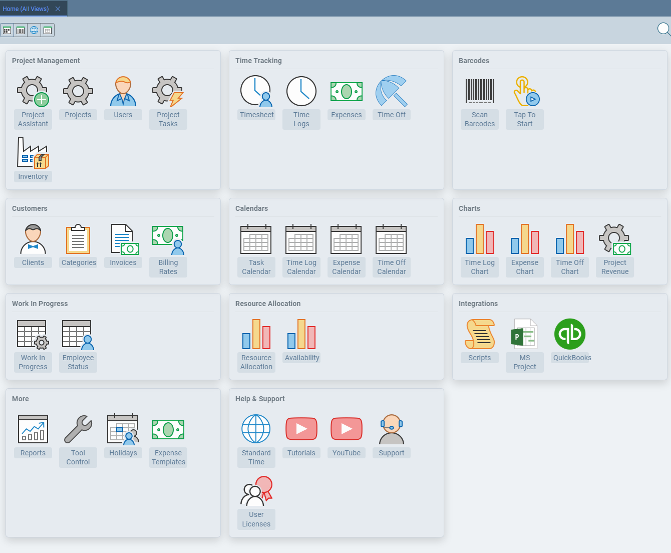 Standard Time Home screen showing category cards with icon buttons for Projects, Users, Time Logs, Resource Allocation, and more