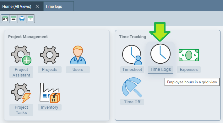 Standard Time® Home screen with the Time Logs tile highlighted