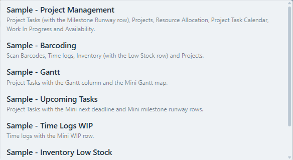 Popup list of sample tab layouts: Sample - Project Management, Sample - Barcoding, Sample - Gantt, Sample - Upcoming Tasks, Sample - Time Logs WIP and Sample - Inventory Low Stock, each with a one-line description