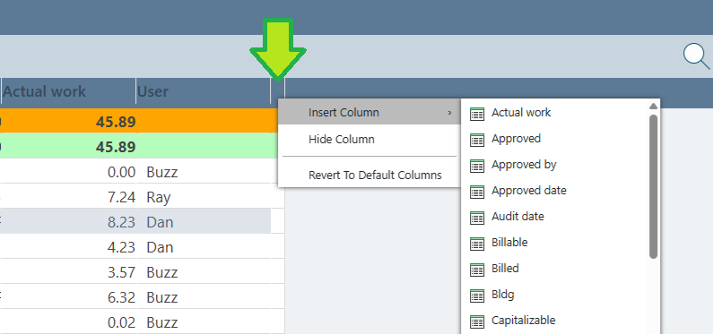 Right-click context menu on the last column header in the Time Logs grid, showing Insert › Column selected to add a new column at the end