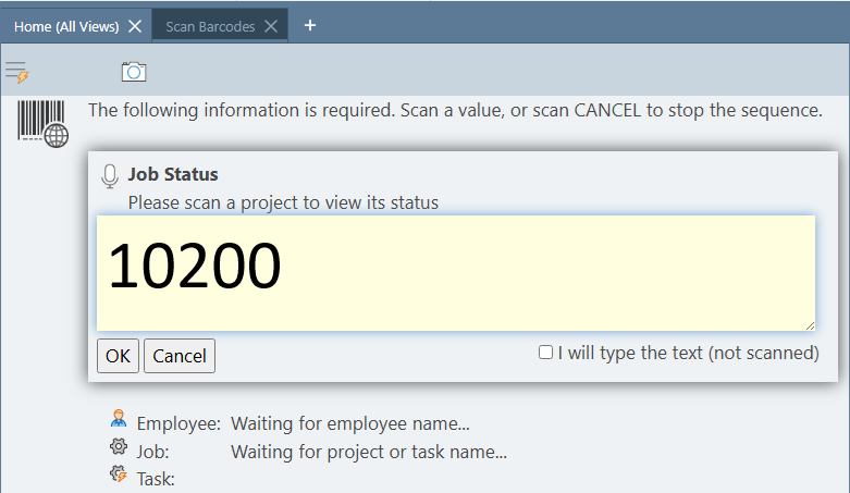 Scan Barcodes page showing the Job Status prompt: 'Please scan a project to view its status' with a project code entered in the scan box