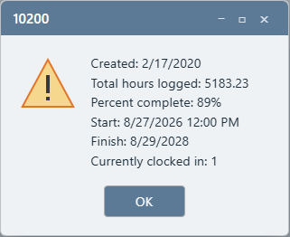 Job Status popup for project 10200 showing Created, Total hours logged, Percent complete, Start, Finish, and Currently clocked in