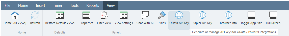 Standard Time View menu open with Generate API Key item highlighted