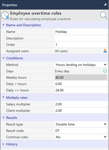 Properties for the Holiday rule: Order 1, Method Hours landing on holidays, Days Every day, Daily greater than 0, Daily less than or equal 24, multipliers 2.00, Result type Double time, code DT, Continue rules No