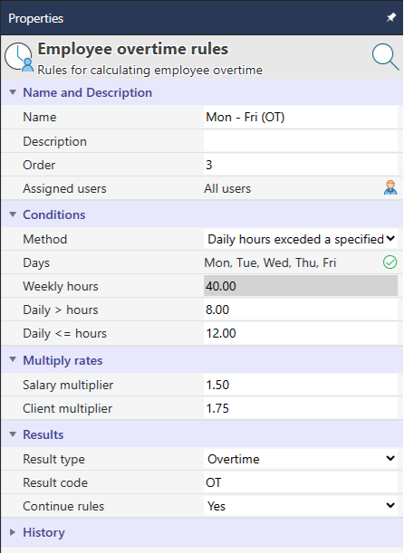 Properties for the Mon - Fri (OT) rule: Order 3, Method Daily hours exceed a specified limit, Days Mon through Fri, Daily greater than 8, Daily less than or equal 12, salary multiplier 1.50, client multiplier 1.75, Result type Overtime, code OT, Continue rules Yes