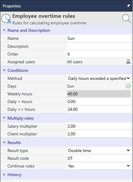 Properties for the Sun rule: Order 6, Method Daily hours exceed a specified limit, Days Sun, Daily greater than 0, Daily less than or equal 24, multipliers 2.00, Result type Double time, code DT, Continue rules Yes