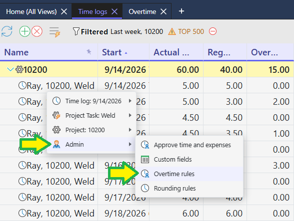 Right-click menu on a Time Logs row with Admin expanded, showing Approve time and expenses, Custom fields, Overtime rules, and Rounding rules; arrows point to Admin and Overtime rules