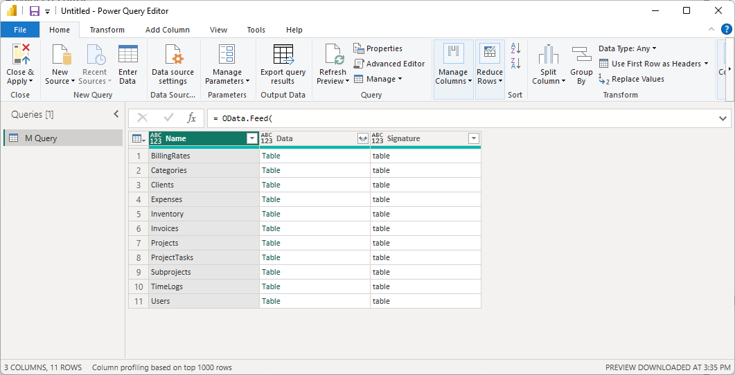 Advanced Editor results showing OData data preview after clicking Done