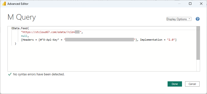 Advanced Editor showing the Standard Time OData M query pasted in