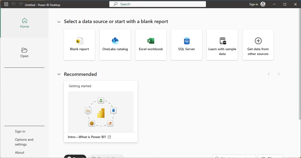 Power BI Desktop showing a blank report canvas at startup