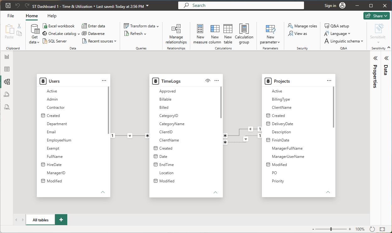 Power BI Model view showing multiple Standard Time tables with relationship lines between them
