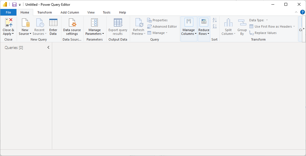 Power Query Editor with a new blank query called Query1 in the Queries pane