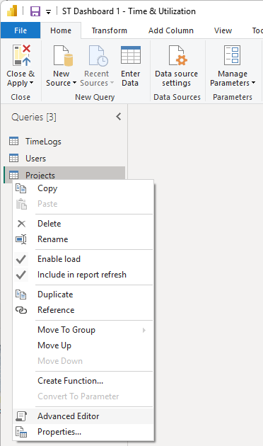 Right-click context menu on Query1 in the Queries pane with Advanced Editor option highlighted