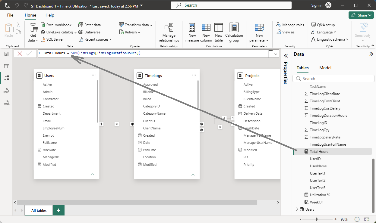 Power BI table showing a DAX formula for Total Hours being entered in the formula bar