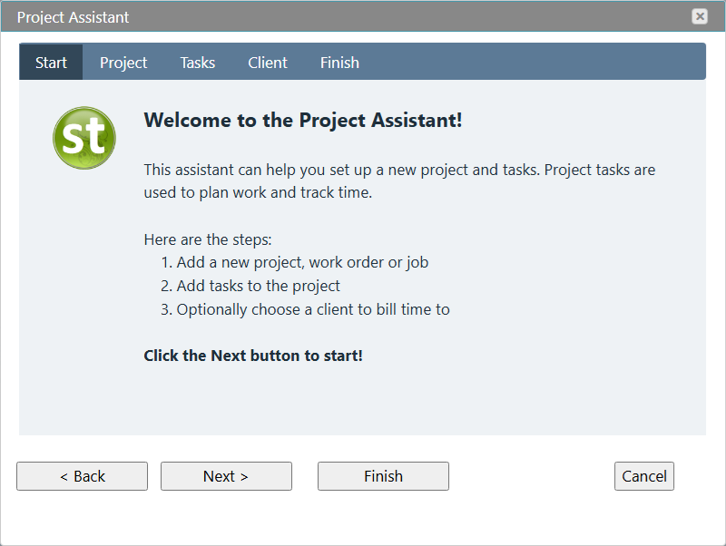 Standard Time Project Assistant wizard — welcome screen showing 3-step setup: add project, add tasks, choose client