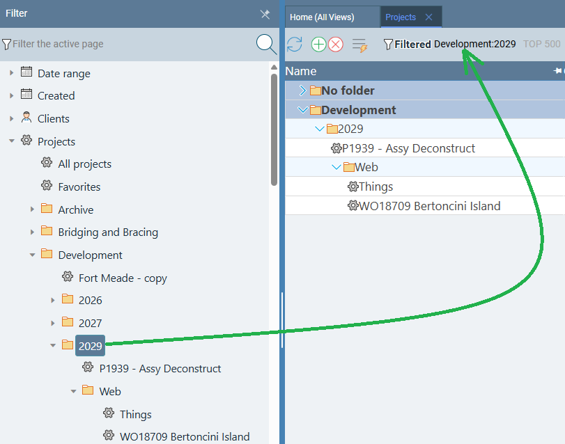 Projects page filtered to show only projects in a single folder